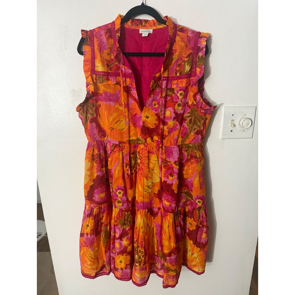 Sundance Floral Tiered Mini Dress Orange Pink Boho Ruffle Sleeveless Medium